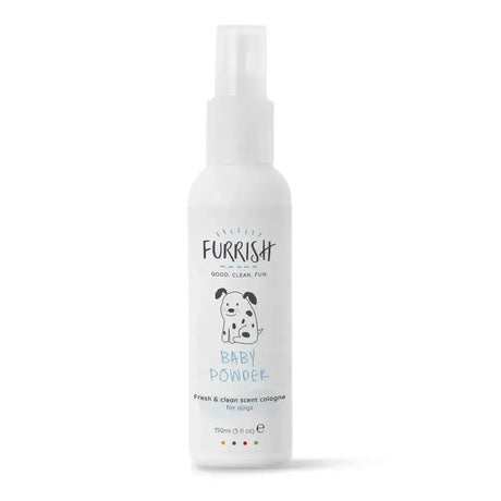 White plastic spray bottle of furrish baby powder baby powder cologne with dalmatian for dog smelling sweet fresh scent
