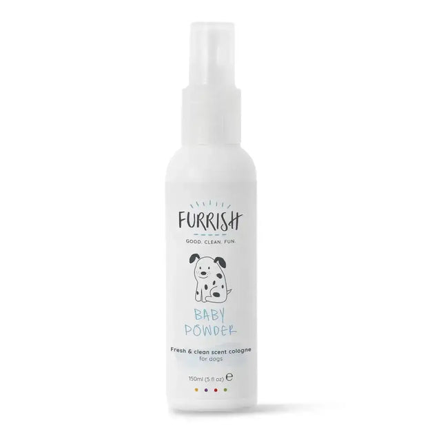 White plastic spray bottle of furrish baby powder baby powder cologne with dalmatian for dog smelling sweet fresh scent