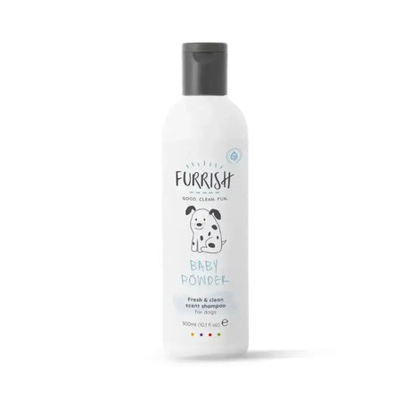 White plastic bottle of furrish baby powder sweet smelling shampoo leaving coats clean for dogs