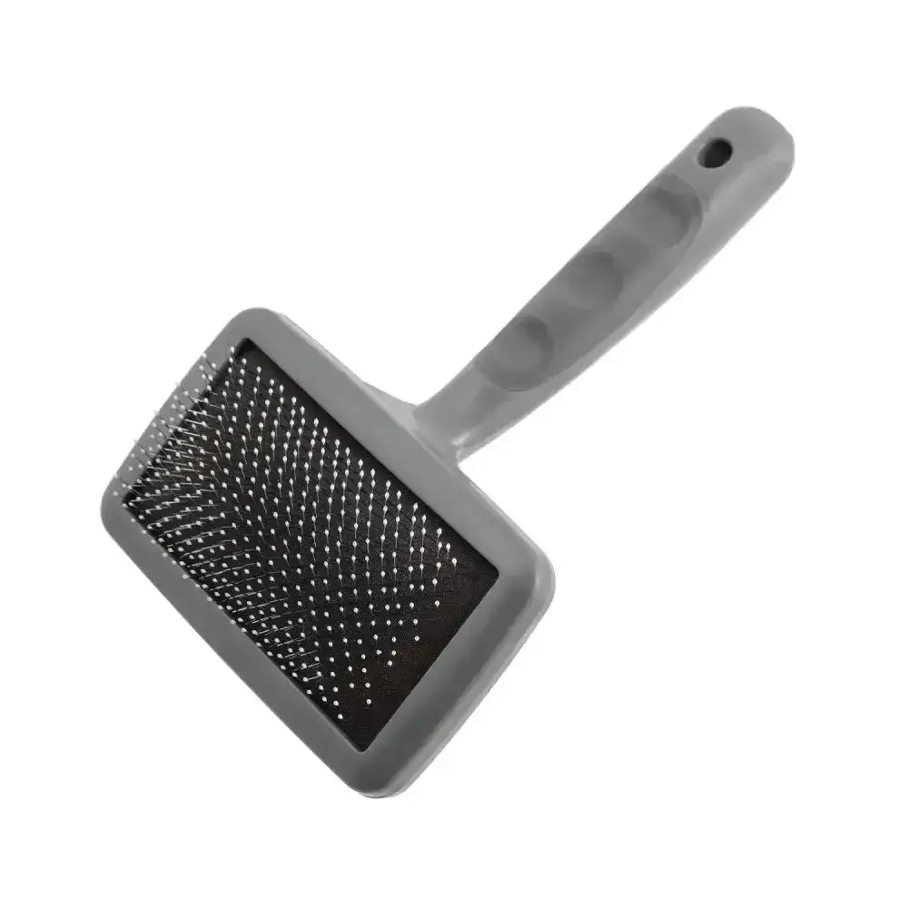 Gray plastic furrish ball pin slicker brush with rectangular head and dense short metal bristles in grid pattern