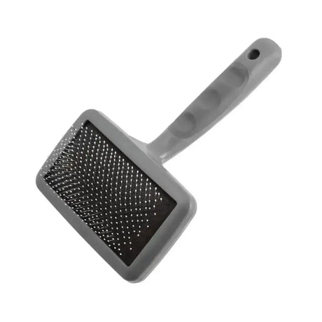 Gray plastic furrish ball pin slicker brush with rectangular head and dense short metal bristles in grid pattern