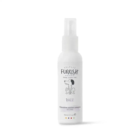 White spray bottle of furrish buzz masculine cologne for dogs with buzz masculine scented beau smelling fresh formula