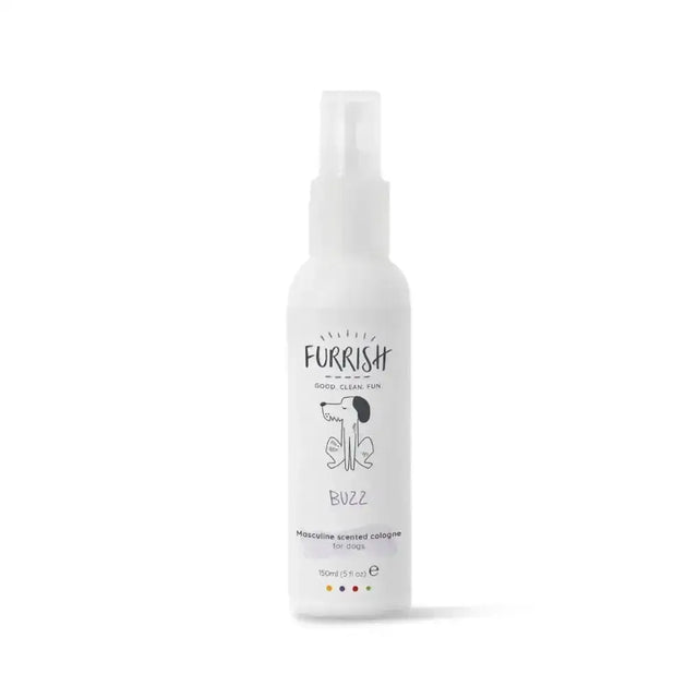 White spray bottle of furrish buzz masculine cologne for dogs with buzz masculine scented beau smelling fresh formula