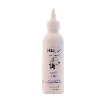 A white plastic bottle of furrish clear ears water-based ear cleaner with dropper cap and cartoon puppy label illustration