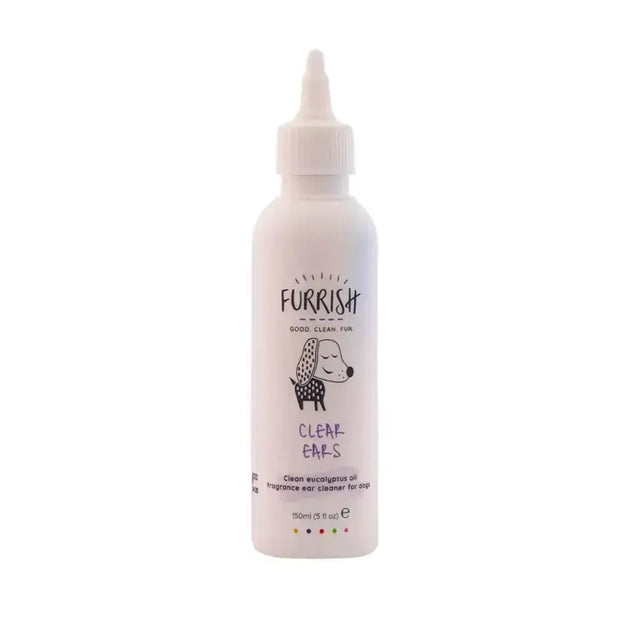 A white plastic bottle of furrish clear ears water-based ear cleaner with dropper cap and cartoon puppy label illustration