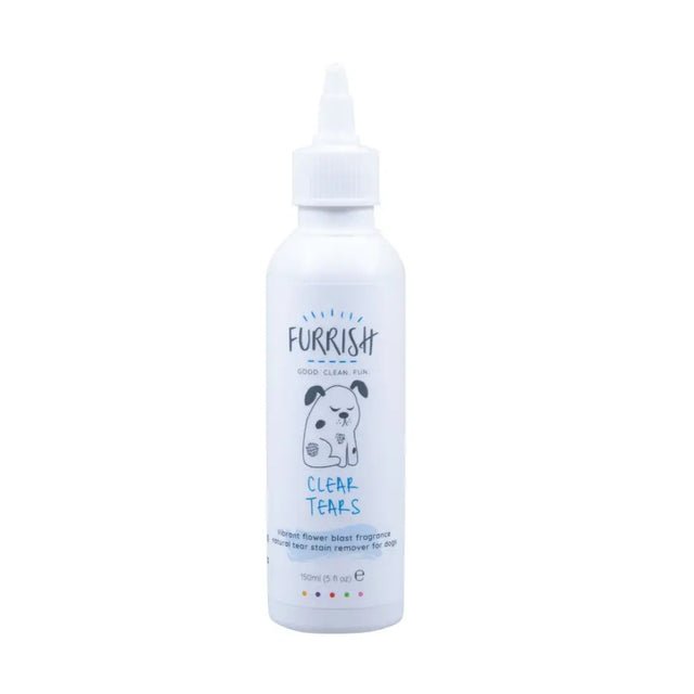 White plastic bottle with dropper cap for furrish clear tears to reduce tear stains around eye area with cartoon dog label