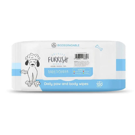 White and light blue packaged furrish daily paw baby powder wipes with cartoon poodle for paw and body use