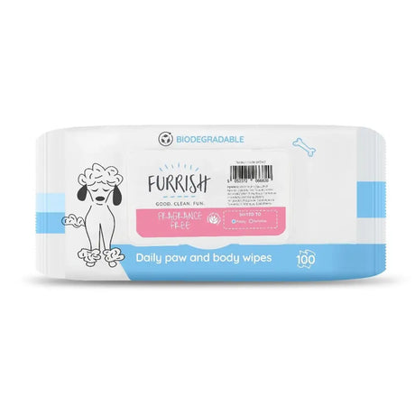 Furrish daily paw and body wipes in white and light blue pack with cartoon poodle for fragrance free use