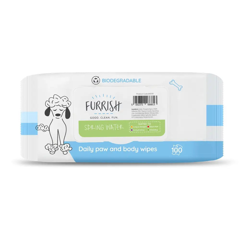 White and blue packaged furrish daily paw body wipes spring water with cartoon poodle for furrish friend happy care