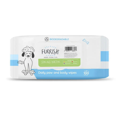 White and blue packaged furrish daily paw body wipes spring water with cartoon poodle for furrish friend happy care