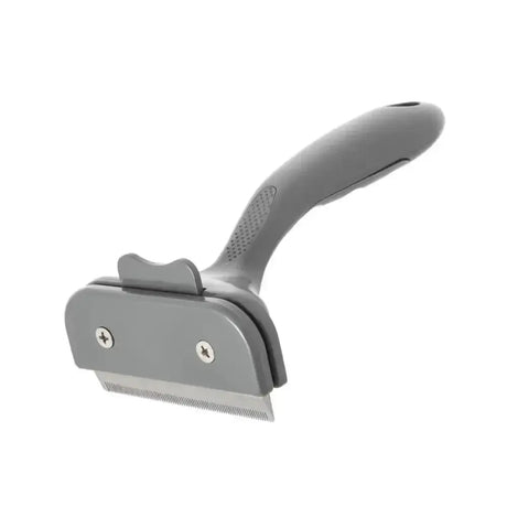 Gray plastic furrish de-shedding tool with textured grip and metal teeth to safely remove loose hair from pet’s coat