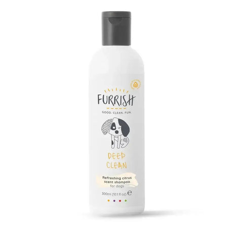 White plastic bottle with black cap furrish deep clean shampoo for mucky pups extra scrub citrus scent 300ml