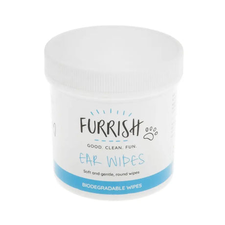 White plastic container of furrish ear wipes with light blue band for keeping your friends ears squeaky and healthy