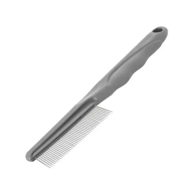Gray plastic furrish fine-tooth comb with long stainless steel teeth to tackle tricky tangles on pets