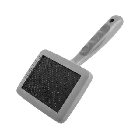 Gray plastic furrish firm slicker brush with black bristles and textured grip handle that slicker brush helps detangle pet fur