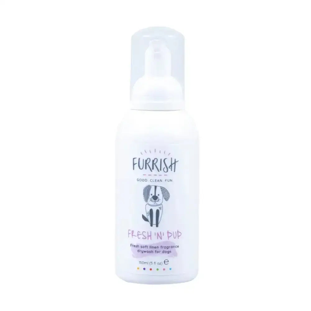 White plastic bottle of furrish fresh n pup drywash with clear pump and cartoon puppy label for quick freshening