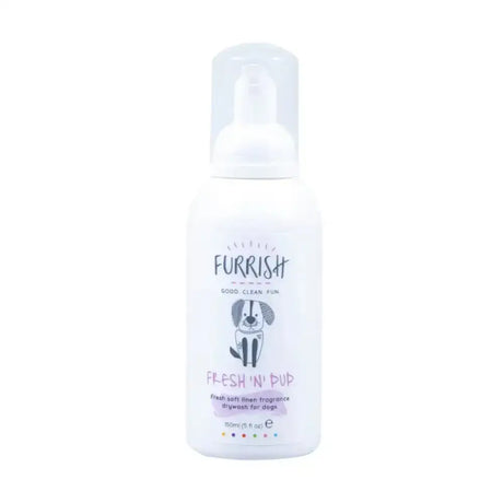 White plastic bottle of furrish fresh n pup drywash with clear pump and cartoon puppy label for quick freshening