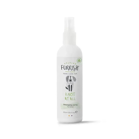 White plastic spray bottle of furrish knot at all detangling spray with no-rinse formula featuring cartoon dog label