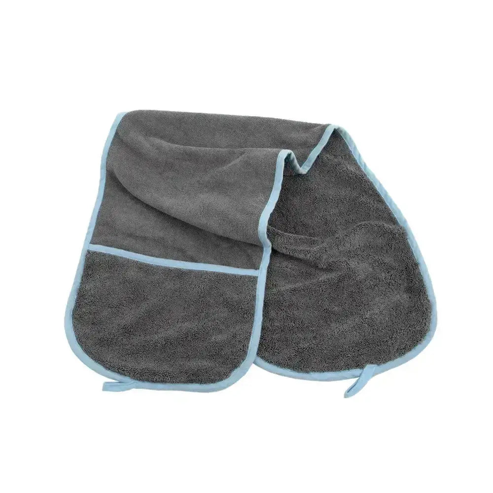 Gray furrish microfibre pet towel with light blue trim and small pocket lightweight microfibre towel for pets