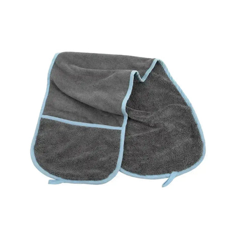 Gray furrish microfibre pet towel with light blue trim and small pocket lightweight microfibre towel for pets