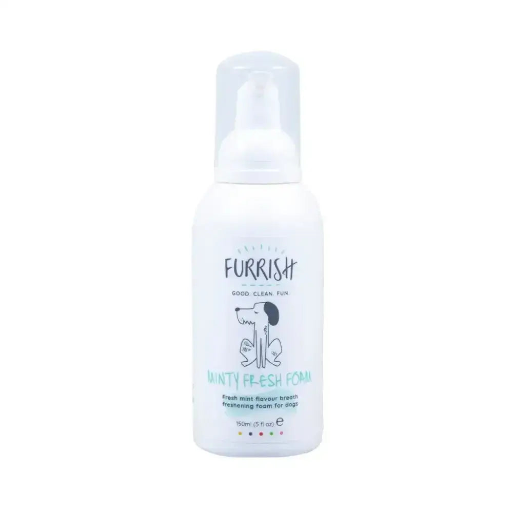 White plastic bottle of furrish minty fresh foam with clear pump for dogs reaching hard-to-reach areas