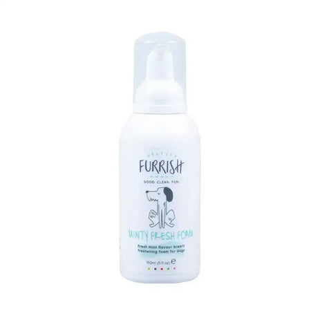 White plastic bottle of furrish minty fresh foam with clear pump for dogs reaching hard-to-reach areas