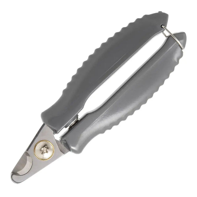 Gray plastic handled furrish nail clippers with metallic blade and gold screw for trimming your dog’s nails regularly