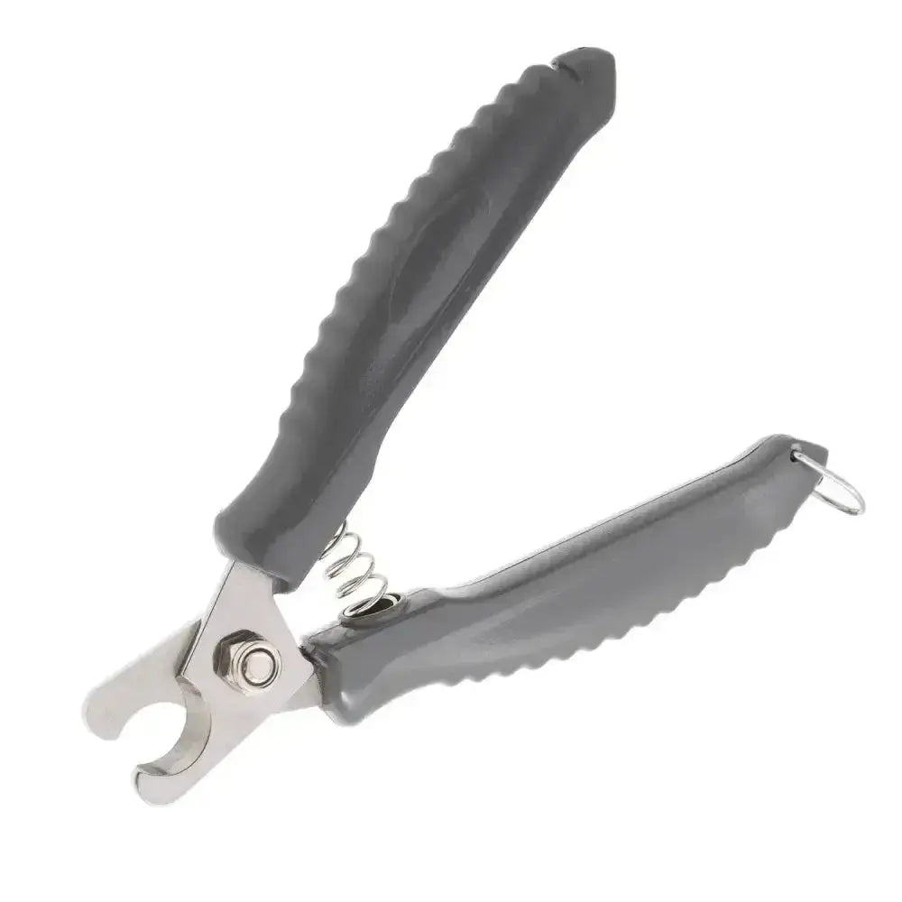 Gray plastic handled furrish nail clippers with metallic blades and spring for trimming your dog’s nails regularly