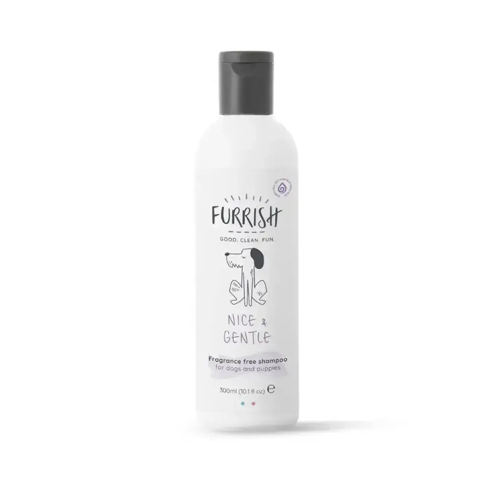White plastic bottle of furrish nice and gentle fragrance free shampoo with black cap and cartoon dog for dogs and puppies