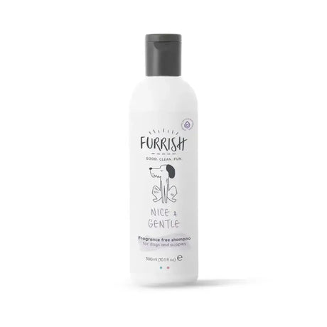 White plastic bottle of furrish nice and gentle fragrance free shampoo with black cap and cartoon dog for dogs and puppies