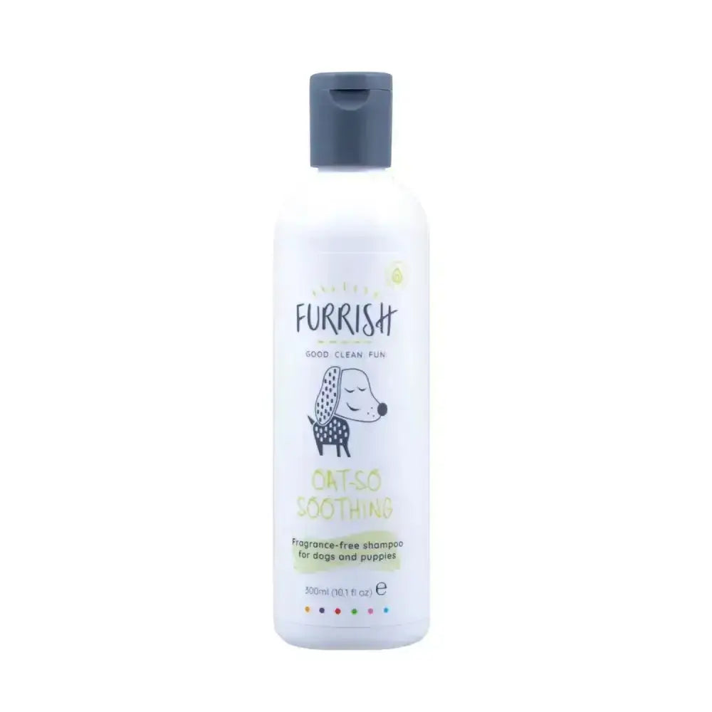 White plastic bottle of furrish oat-so soothing fragrance-free shampoo for dogs with deep cleansing formula