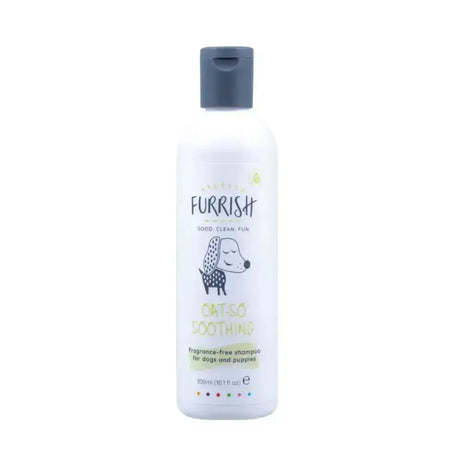 White plastic bottle of furrish oat-so soothing fragrance-free shampoo for dogs with deep cleansing formula