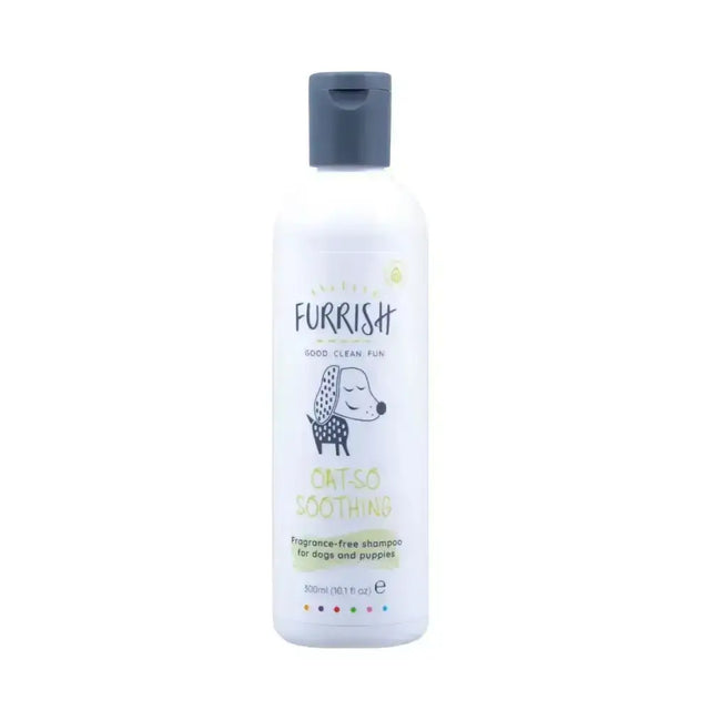 White plastic bottle of furrish oat-so soothing fragrance-free shampoo for dogs with deep cleansing formula