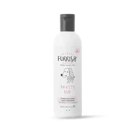 White plastic bottle of furrish pretty pup fresh cucumber scent shampoo specially designed for dogs and puppies 300ml