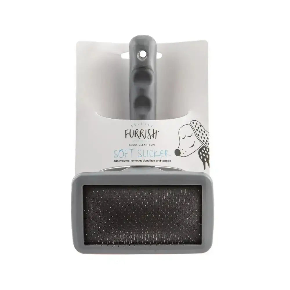 Gray furrish soft slicker brush with ergonomic handle and dense fine bristles for gentle grooming slicker brush helps