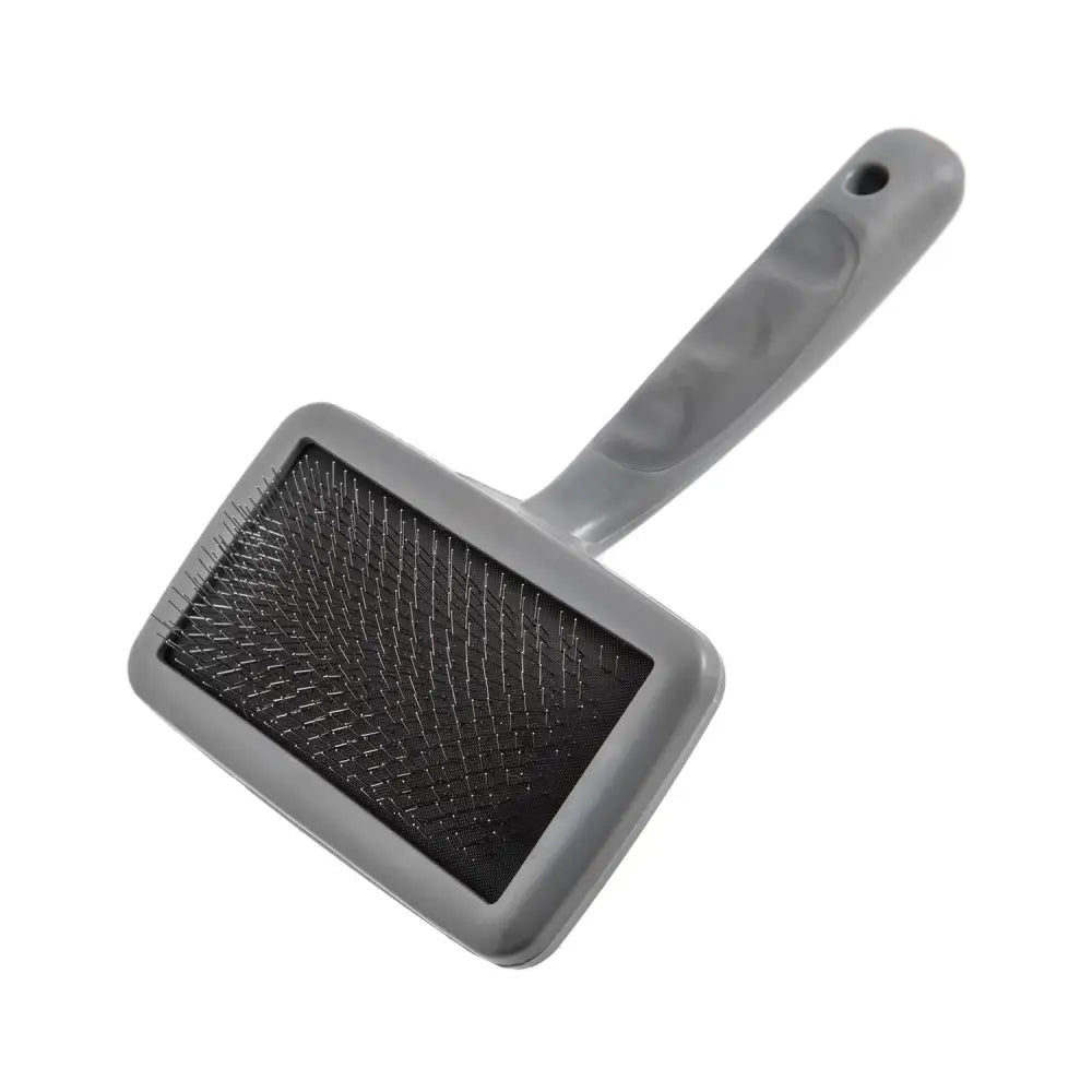 Gray plastic furrish soft slicker brush with a rectangular head and dense black bristles for gentle pet grooming