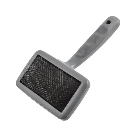 Gray plastic furrish soft slicker brush with a rectangular head and dense black bristles for gentle pet grooming