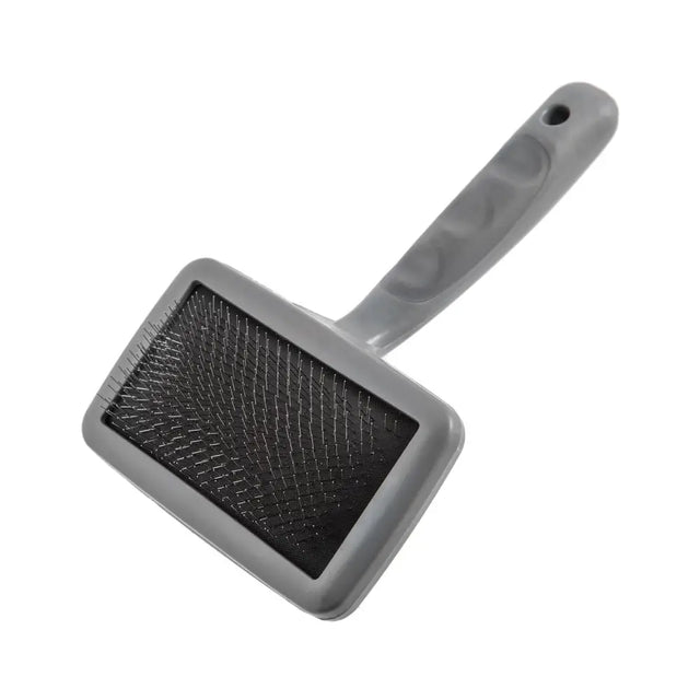 Gray plastic furrish soft slicker brush with a rectangular head and dense black bristles for gentle pet grooming