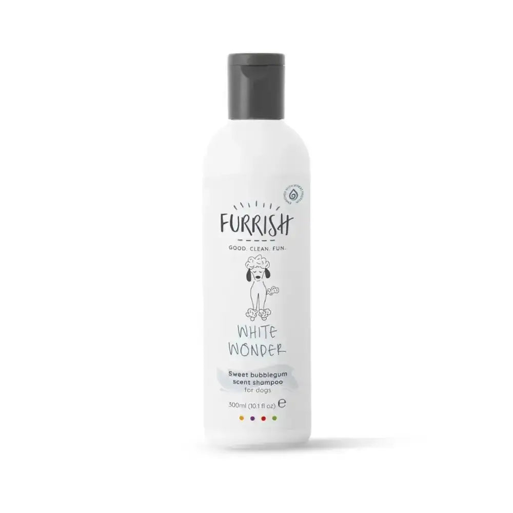 White plastic bottle of furrish white wonder whitening shampoo with sweet bubblegum scent for bright fur friends
