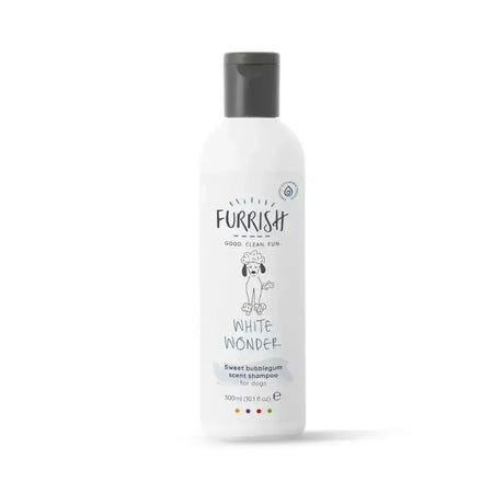 White plastic bottle of furrish white wonder whitening shampoo with sweet bubblegum scent for bright fur friends