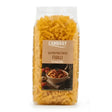 A clear bag of golden yellow fusilli pasta gluten free pasta cambray with a brown label showing pasta in a bowl