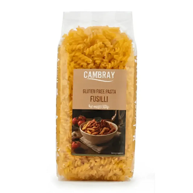 A clear bag of golden yellow fusilli pasta gluten free pasta cambray with a brown label showing pasta in a bowl