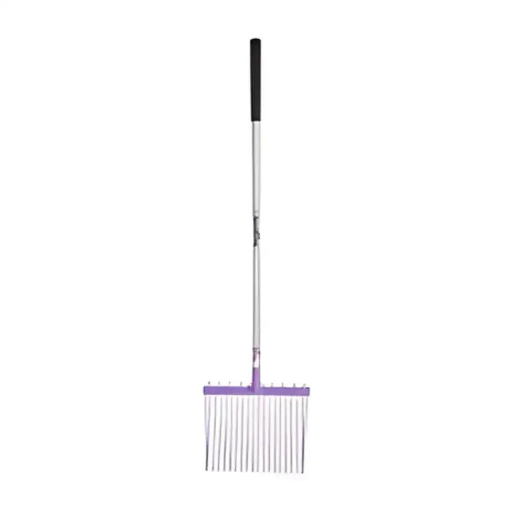 Fynalite funky fork purple is a metal rake with a trendy purple head, long silver shaft, and black grip for easy use