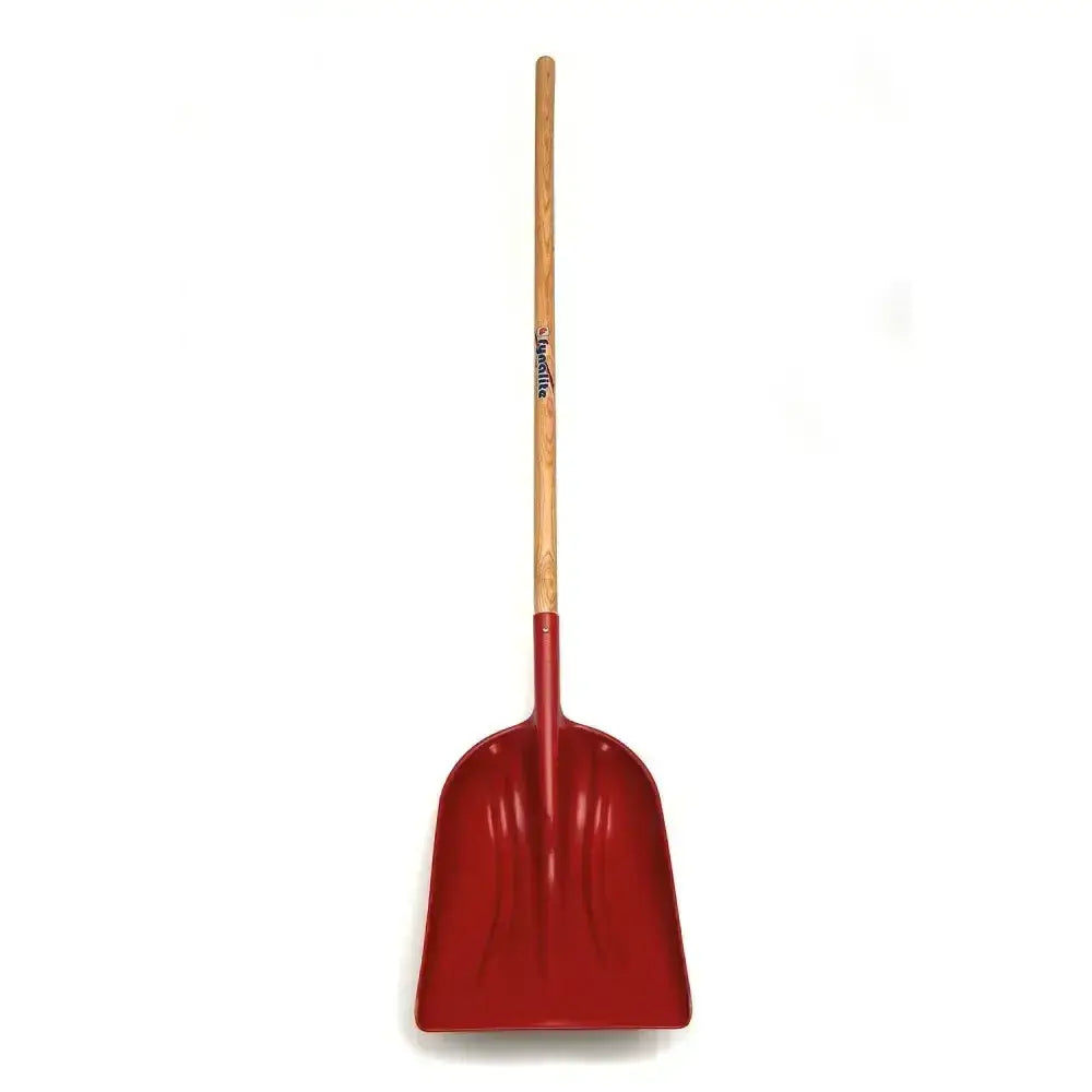 Red metal fynalite grain shovel with a grain shovel plastic blade and long ash handle for easy digging tasks