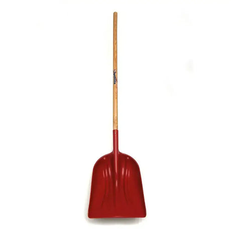 Red metal fynalite grain shovel with a grain shovel plastic blade and long ash handle for easy digging tasks
