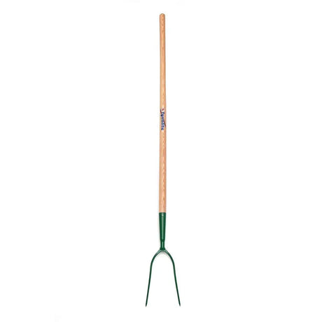 Green fynalite hay fork with best quality forged 2 prong ash handle and light brown wooden grip for gardening tasks