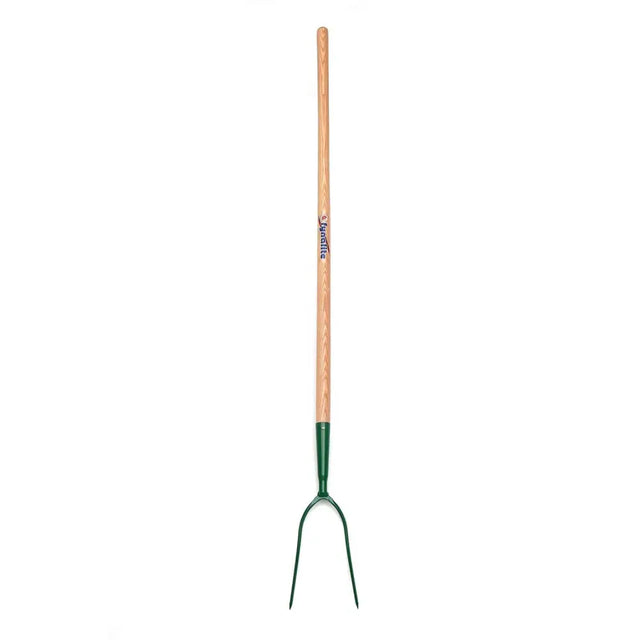 Green fynalite hay fork with best quality forged 2 prong ash handle and light brown wooden grip for gardening tasks