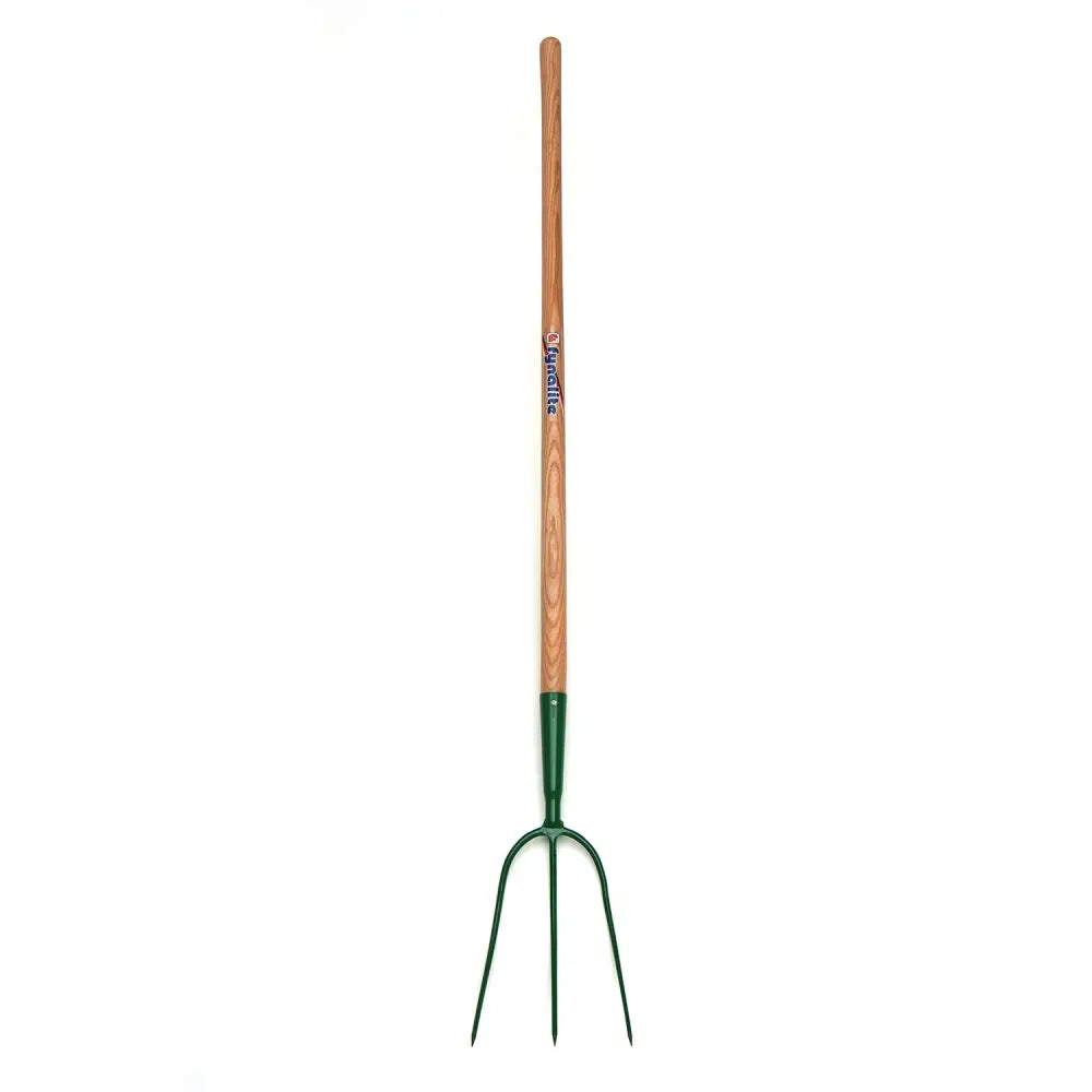 Green metal fynalite hay fork with light brown prong ash handle and best quality forged gardena shaft branding