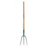 Green metal fynalite hay fork with light brown prong ash handle and best quality forged gardena shaft branding