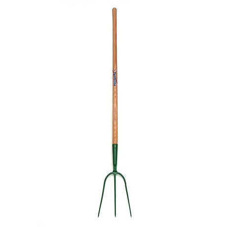 Green metal fynalite hay fork with light brown prong ash handle and best quality forged gardena shaft branding